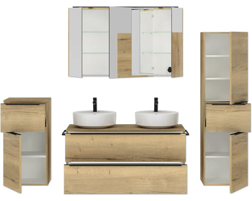 Badezimmerensemble mit Waschtischen, Unterschrank und Spiegelschrank