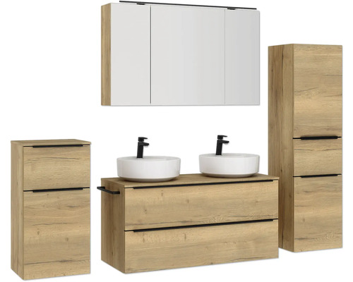 Badezimmer-Set mit Waschtisch, Aufsatzwaschbecken, Spiegelschrank und Hochschrank