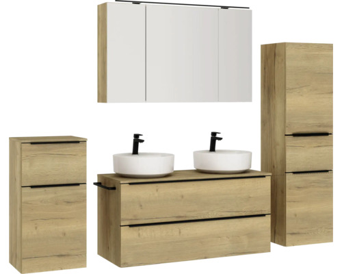Badezimmer-Set mit Waschtisch, zwei Waschbecken, Spiegelschrank und zwei Seitenschränken im hellen Holzdekor