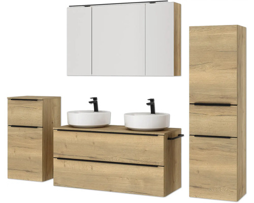 Badezimmergarnitur mit Waschtischunterschrank, zwei Aufsatzwaschbecken, Spiegelschrank und zwei Hochschränken