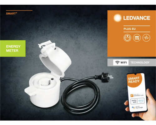 Ledvance Smart Plus Energiekostenmessgerät für den Außenbereich mit zugehöriger App auf einem Smartphone