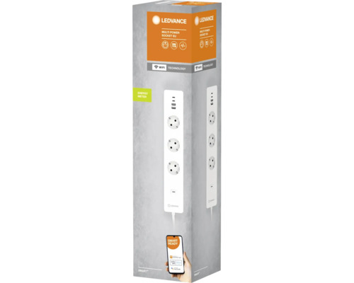 Verpackung einer Ledvance Mehrfachsteckdose mit drei Steckplätzen und USB-Anschlüssen