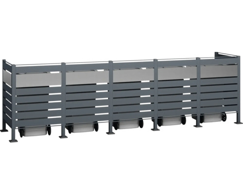 Graue Mülltonnenbox mit Lamellen und Stauraum für mehrere Mülltonnen
