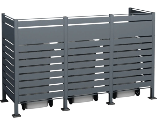 Mülltonnenbox für drei Mülltonnen aus Metall mit horizontalen Latten