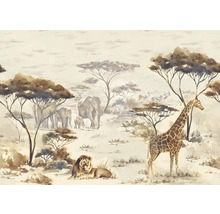 Illustration einer afrikanischen Savanne mit Elefanten, Giraffe und Löwe