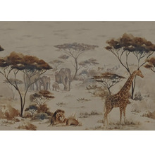 Tapete mit afrikanischem Tiermotiv, einschließlich Löwe, Giraffe und Elefanten.