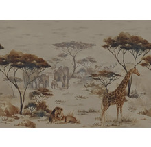 Illustration einer afrikanischen Savanne mit Elefanten, Giraffe, Löwe und Antilopen
