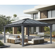 Pavillon mit Glasdach und Sitzgruppe im Garten