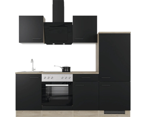 Komplette Küche mit Spüle, Herd, Backofen, Dunstabzugshaube und Schränken