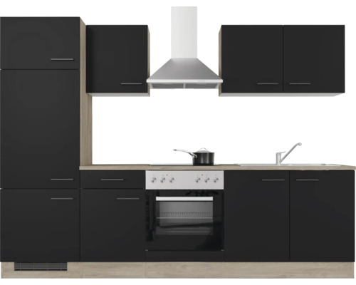 Komplette Küchenzeile mit Hängeschränken, Dunstabzugshaube, Spüle und Herd