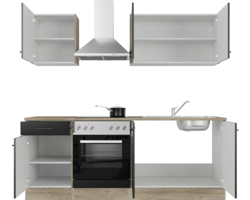 Küchenzeile mit Hängeschränken, Dunstabzugshaube, Spüle, Herd und Backofen