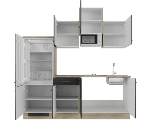 Komplette Küchenzeile mit Kühlschrank, Spüle, Armatur, Mikrowelle und Stauraum