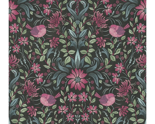 Vliestapete 39075-1 Maison Charme Landhaus Blumen schwarz pink Tapete mit Vogel-, Blatt- und Blumenmuster