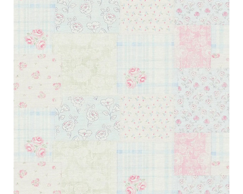 Vliestapete 39066-1 Maison Charme Retro Patchwork blau Tapete mit Patchworkmuster und floralen Motiven