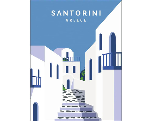 Leinwandbild Santorini 57x77 cm Illustration von Santorini, Griechenland mit weißen Häusern und Treppen