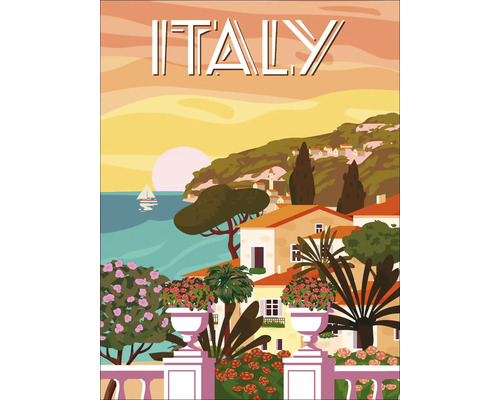 Leinwandbild Italy I 57x77 cm Illustration einer Küstenlandschaft in Italien mit Häusern, Vegetation und einem Segelboot auf dem Meer