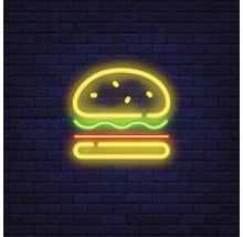 Neonreklame eines Burgers vor einer Ziegelwand