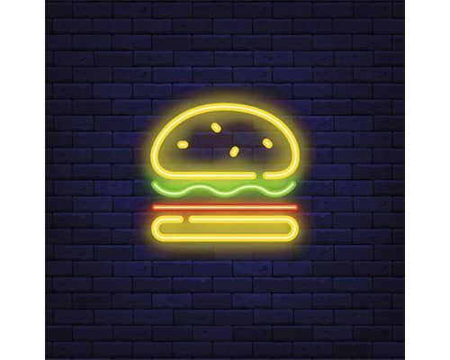 Leinwandbild Neon Hamburger 27x27 cm Neonreklame eines Burgers vor einer Ziegelwand