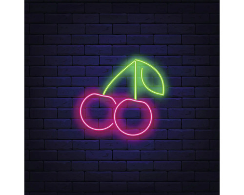 Leinwandbild Neon Cherry 27x27 cm Neon Kirsche Dekor auf Backsteinmauer