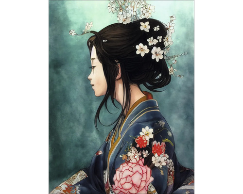 Illustration einer Frau im Kimono mit Blumen im Haar