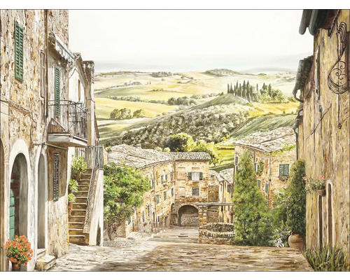 Gemälde einer italienischen Landschaft mit Steinhäusern und sanften Hügeln