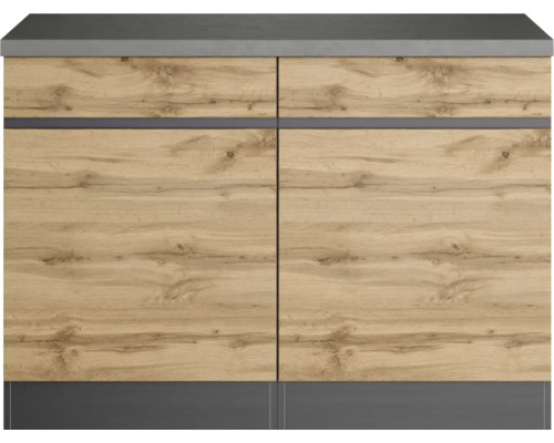 Unterschrank mit Holzdekor und grauer Arbeitsplatte