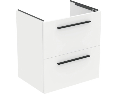 Weißer Waschtischunterschrank mit zwei Schubladen und schwarzen Griffen