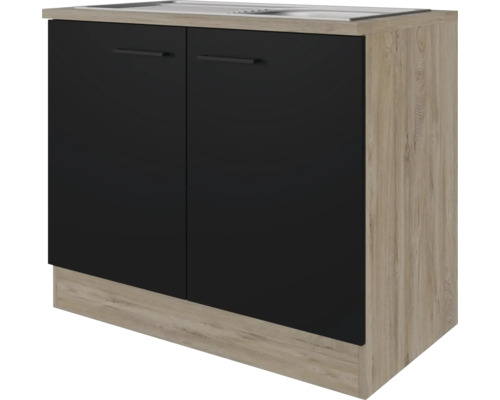 Flex Well Spülenschrank inkl Spüle Capri BxTxH 100 x 60 x 85 cm schwarz matt antifingerprint zerlegt Anschlag reversibel (links oder rechts montierbar)