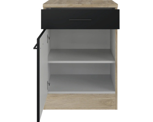 Unterschrank mit Schublade und offener Tür mit zwei Regalböden