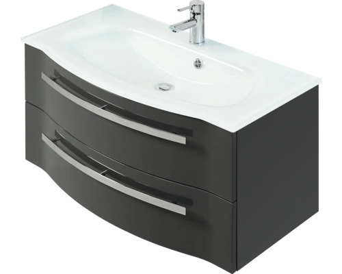 Waschplatz Pelipal Serie 4005 BxHxT 92 x 49,7 x 49,1 cm Frontfarbe grau hochglanz Badmöbelset 2-teilig mit Waschtisch Glas weiß