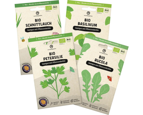 Bio Kräuter-Set Wundergarten Petersilie, Schnittlauch, Rucola & Basilikum umhülltes Saatgut mit Pflanzenkohle