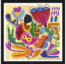 Gerahmtes Bild mit abstraktem, farbenfrohem Muster aus Pflanzenmotiven und Tieren
