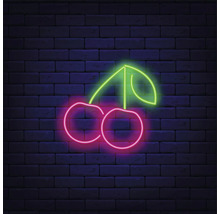 Neonkirschschild an einer Ziegelwand