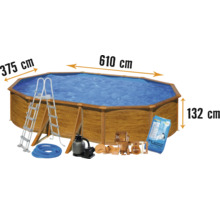 Aufstellpool Stahlwandpool-Set Planet Pool Solo oval 610x375x132 cm inkl. Sandfilteranlage, Einbauskimmer, Leiter, Filtersand & Anschlussschlauch Holzoptik-thumb-0