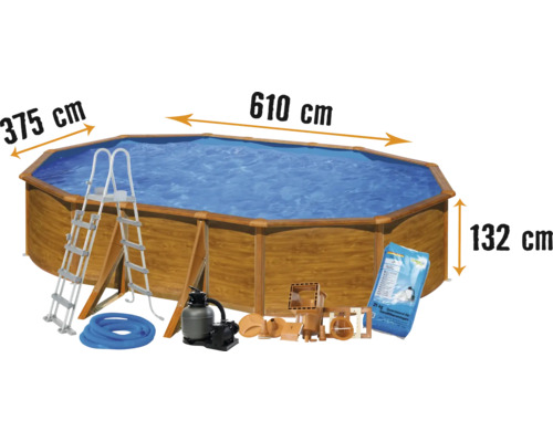 Aufstellpool Stahlwandpool-Set Planet Pool Solo oval 610x375x132 cm inkl. Sandfilteranlage, Einbauskimmer, Leiter, Filtersand & Anschlussschlauch Holzoptik-0