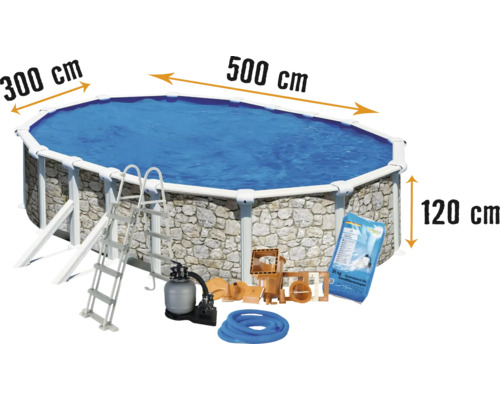 Aufstellpool Stahlwandpool-Set Planet Pool oval 500x300x120 cm inkl. Sandfilteranlage, Einbauskimmer, Leiter, Filtersand & Anschlussschlauch Steinoptik-0