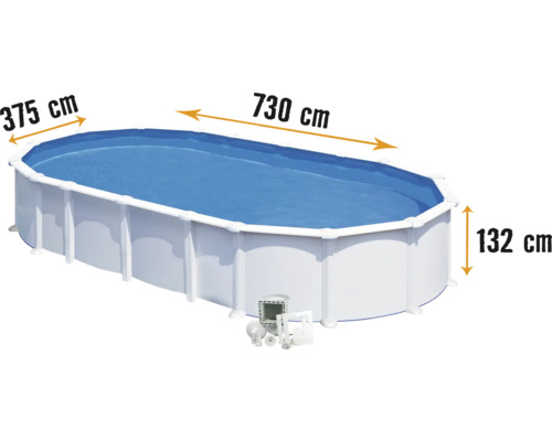 Ovaler Pool mit den Maßen 730 mal 375 mal 132 Zentimeter