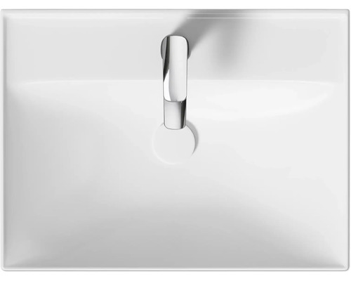 Aufnahme eines weißen Waschbeckens mit Armatur von oben