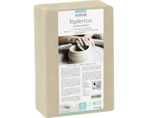 Töpferton Modelliermasse gebrauchsfertig unschamottiert ofenhärtend weiß 5 kg Block unschamottierter Töpferton