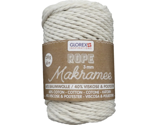 Makramee Rope 3 mm 250 g 63 m dreifädig gedreht creme Knäuel Makramee Garn, 3 mm dick, aus 60 Prozent Baumwolle und 40 Prozent Viskose und Polyester