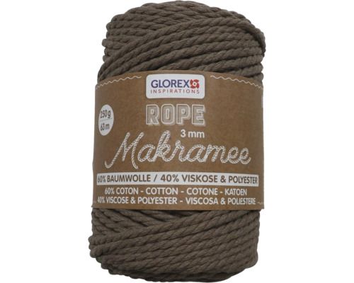 Makramee Rope 3 mm 250 g 63 m dreifädig gedreht hellbraun Glorex Makramee Garn, 3 mm dick, 250 g Rolle