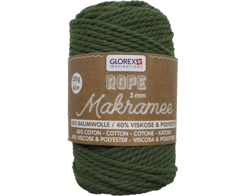 Makramee Rope 3 mm 250 g 63 m dreifädig gedreht olive Glorex Makramee Seil, 3 mm Durchmesser, 250 g, 63 m lang, Materialzusammensetzung: 60 % Baumwolle, 40 % Viskose und Polyester