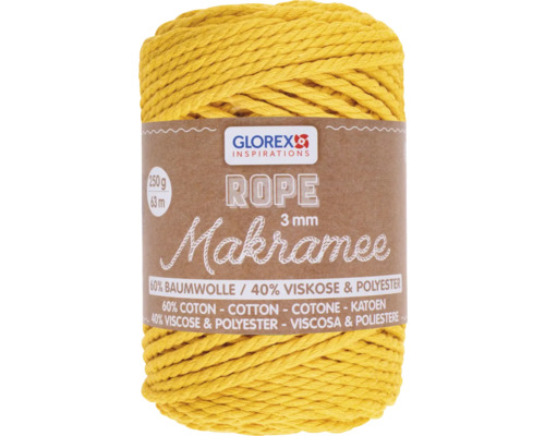 Makramee Rope 3 mm 250 g 63 m dreifädig gedreht senfgelb Gelbe Makramee-Schnur, 3 mm, 250 g, aus 60 % Baumwolle und 40 % Viskose sowie Polyester