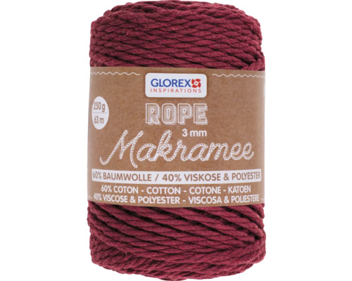 Makramee Rope 3 mm 250 g 63 m dreifädig gedreht bordeaux Glorex Makramee Garn, 3 mm dick, 250 g Rolle