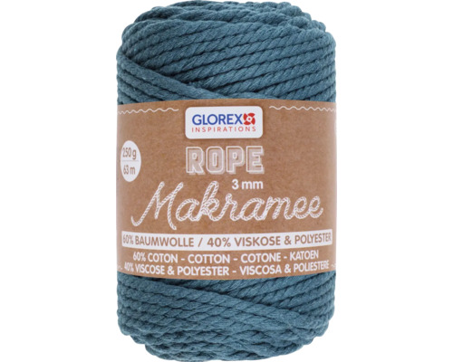 Makramee Rope 3 mm 250 g 63 m dreifädig gedreht türkis Knäuel Makramee Garn, 3 mm, aus 60 % Baumwolle und 40 % Viskose und Polyester