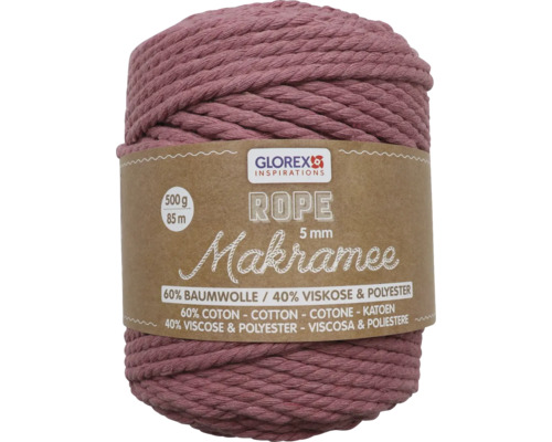 Makramee Rope 5 mm 500 g 85 m dreifädig gedreht mauve Glorex Makramee Seil, 5 mm, 500 g