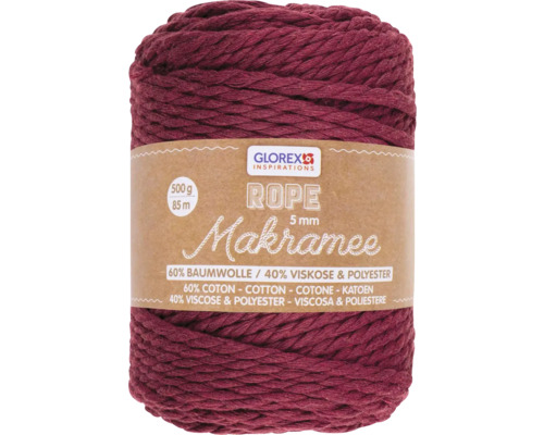 Makramee Rope 5 mm 500 g 85 m dreifädig gedreht bordeaux Makramee-Garn, 5 Millimeter dick, aus Baumwolle und Viskose