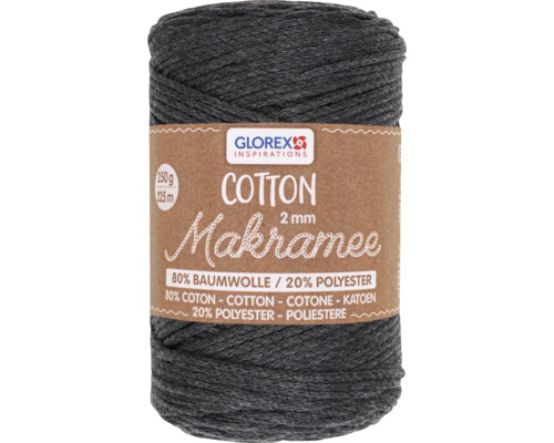 Makramee Cotton 2 mm 250 g 225 m gewebt anthrazit Graues Makramee-Garn aus 80 % Baumwolle und 20 % Polyester
