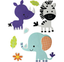 Dekorative Tierfiguren: Nashorn, Zebra, Elefant und Pflanzenmotive