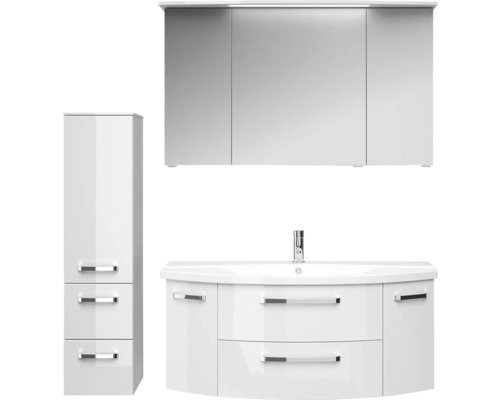 Badmöbel-Set Pelipal Serie 4010 BxHxT 150,5 x 200 x 48 cm Frontfarbe weiß hochglanz Badmöbelset 5-teilig und mehr mit Waschtisch Keramik weiß und Keramik-Waschtisch Waschtischunterschrank Spiegelschrank mit LED-Beleuchtung Badezimmermöbelset mit Waschtischunterschrank, Spiegelschrank und Hochschrank
